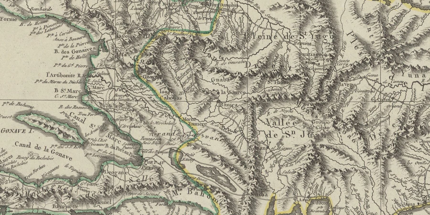 Detail from Carte de St. Domingue par J.B. Poirson — rivers, mountains, and place names of colonial Haiti